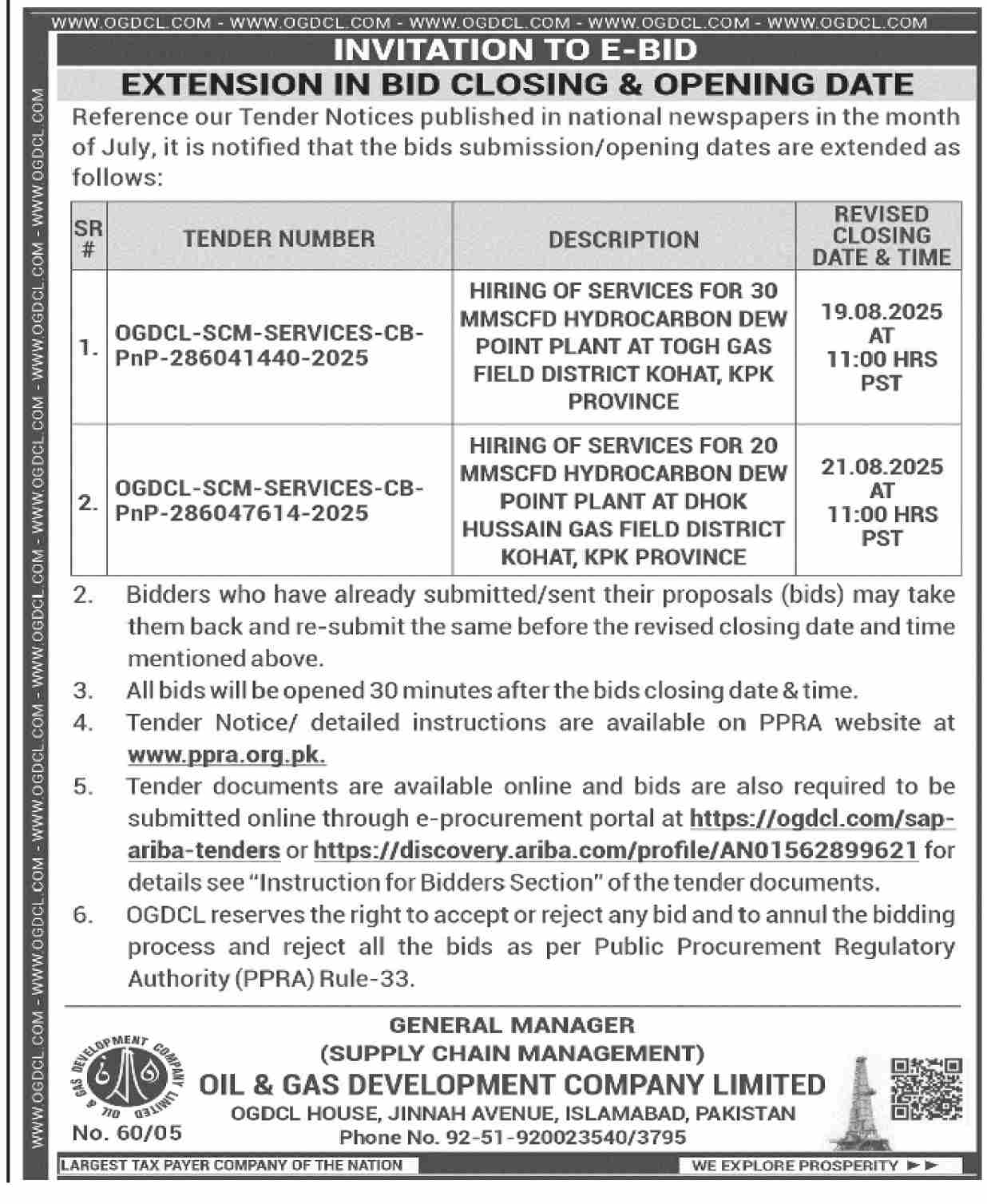 Oil & Gas Development Company Limited Islamabad Tender Notice